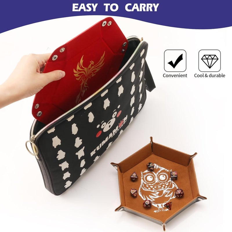 Grajar 6 Pcs DND Dice Tray with Animals Pattern for RPG D&D Table Games - Folding PU Leather and Velvet Rolling Holder Storage Box - Image 4